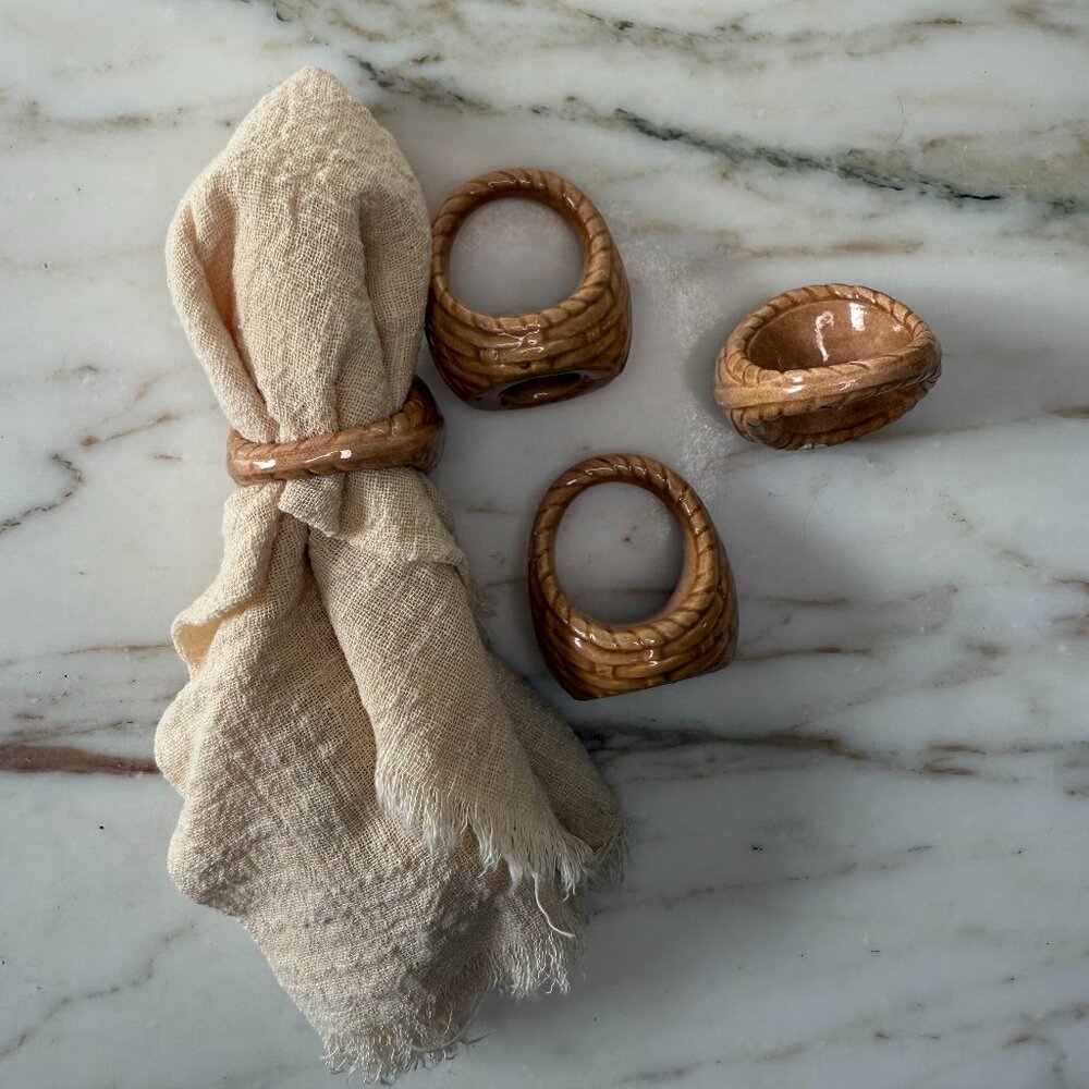 Vintage Ceramic Basket Weave Napkin Rings – Set of 4